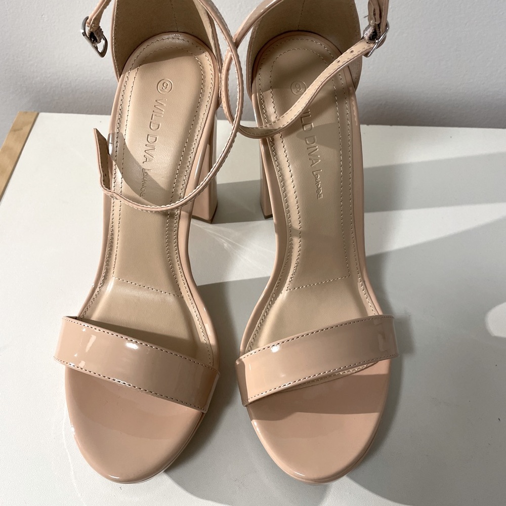 Nude, block heel sandals